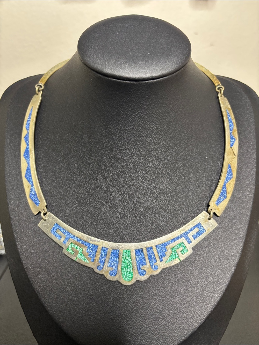 Alpaca Mexico Gold-Tone Blue & Green Enamel Art Deco Necklace